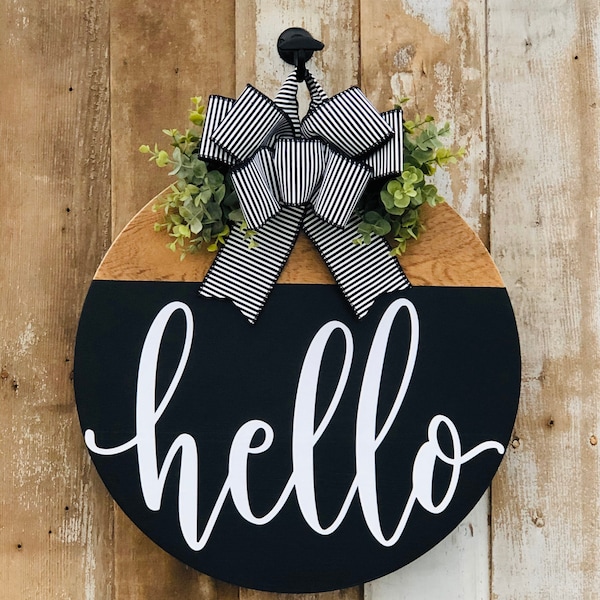 Hello Door Wreath, Front Door Decor, Black Door Hanger, Hello Door Hanger, Wreath For Front Door, Wood Door Sign, Round Door Hanger,