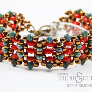 May include: A beaded bracelet with a woven pattern in shades of teal, copper, and orange. The bracelet has a simple clasp closure.