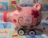 Rocznika "Państwa gospodarstwa" Pink Piggy Bank, Skarbonka na kołach, Pawłowska Plan 1960's, kolekcjonowania, dziewczyny prezent urodzinowy, Adverisements