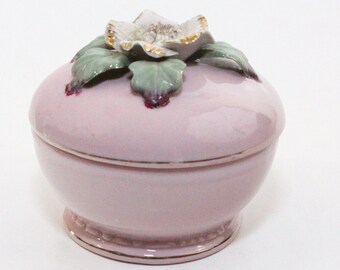 Portagioie vintage in ceramica, porcellana fine, rotondo con coperchio, rose rosa, stile moderno di metà secolo.