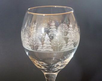 Arby's Winter Scene Stemmed Tall Wine Glass Elegant Frosted Etching 12 Oz Libbey