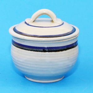 Vintage Art Pottery Covered Jar Handmade Decorative Signed Blue White Brown