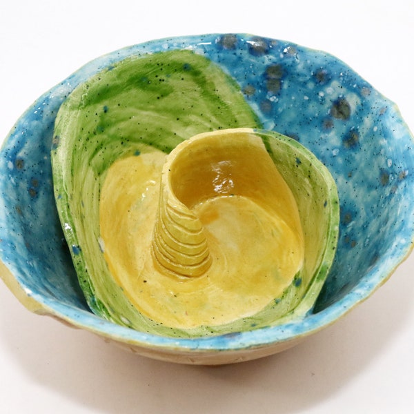 Handmade Art Pottery Decorative Bowl Yellow Green Blue Funky 6.5"