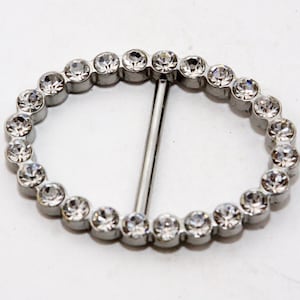 Vintage Belt Buckle Silver Metal with Rhinestones Faux Diamonds Oval Shape