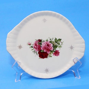 Mid Century Vanity Tray Roses Atomic Gold Vintage Handles 7&quot; Round Ceramic