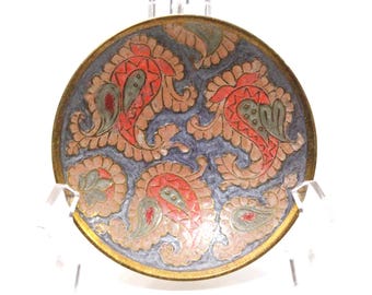 Brass Enameled Bowl Round 5" Paisley Blue Green Gold Red India Pedestal Vintage
