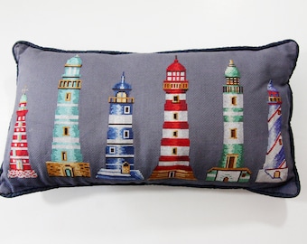 Lighthouses Pillow Counted Cross Stitch Blue Finshed Nautical Vintage 9 x 16"