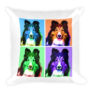 Puede incluir: Una imagen colorida de estilo pop art de un perro Shetland con cuatro fondos de colores diferentes. El perro mira directamente al espectador con la lengua fuera. Los colores de los fondos son azul, naranja, verde y morado.