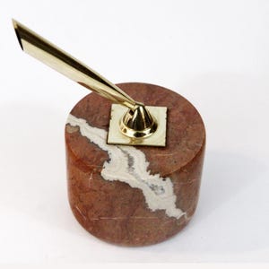 Marble & Brass Pen Holder For Desk Vintage Brown White Stone Heavy Paperweight