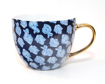Lilly Pulitzer 13 oz Cup Mug Blue Floral Ceramic Porcelain Gold Handle Fish