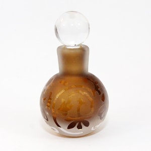 Bohemian Czech Perfume Bottle Etched Crystal Amber 24% PBO Vintage 4.75&quot;