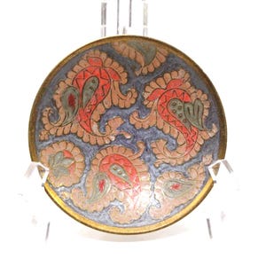 Brass Enameled Bowl Round 5&quot; Paisley Blue Green Gold Red India Pedestal Vintage