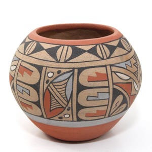 Olla de cerámica artesanal de 5" de diámetro, redonda, Jemez Pueblo, NM, firmada en la base
