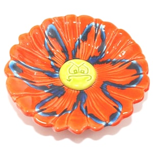 Cuenco vintage de cerámica Santa Anita con forma de girasol, color naranja y azul, de mediados de siglo