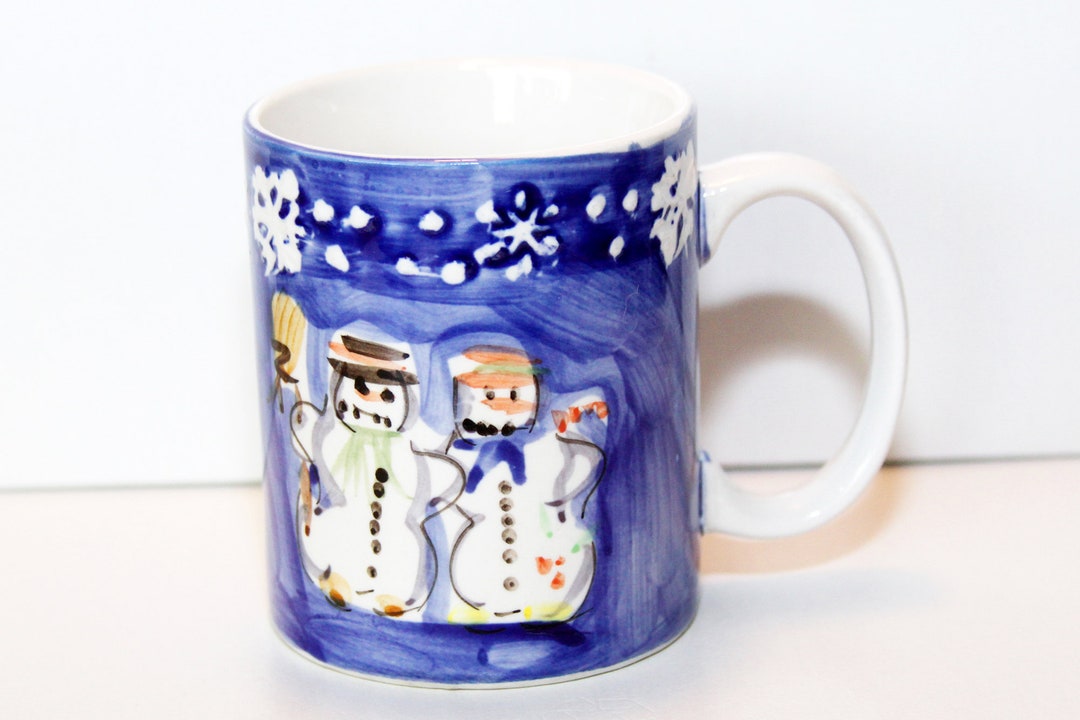Tabletops Unlimited Cup Mug Snow Couple Hand Painted Blue White Ceramic