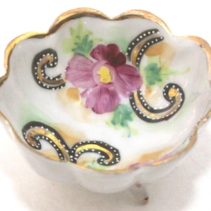 Floral Porcelain 3&quot; Trinket Dish Ring Dish Footed Hand Painted Bone China Gold