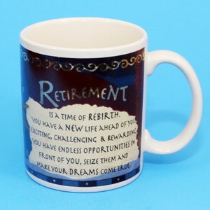 Tazza di carta per pensionamento, sentimento, rinascita, blu, beige, vintage, retrò, regalo, ceramica