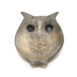 1970s Sarnabrass India Owl Trinket Dish Ashtray Solid Brass Ornate Numbered 258T