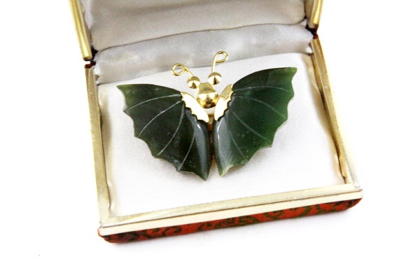 Taiwan Jewel Vintage Goldtone Green Jade Butterfl… - image 3