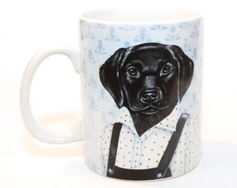 Black Labrador Mug Primitives by Kathy Ceramic Large 18 Oz Blue White Black