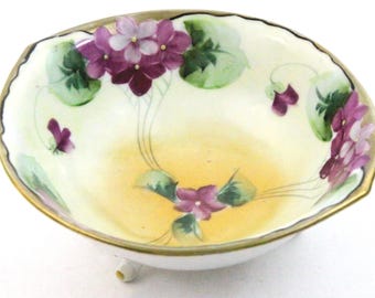Floral Footed Bowl Ceramic 6" Violets Purple Yellow Orange Vintage Antique