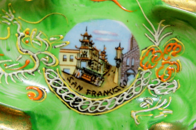 Chinatown-San-Francisco Porcelain-Handpainted Rich Green Color Vintage Ashtray