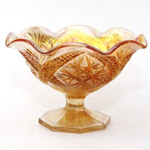 Marigold Amber Carnival Glass Pedestal Bowl Compote Vintage Ruffled Diamond Point