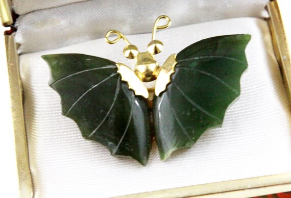 Taiwan Jewel Vintage Goldtone Green Jade Butterfl… - image 4