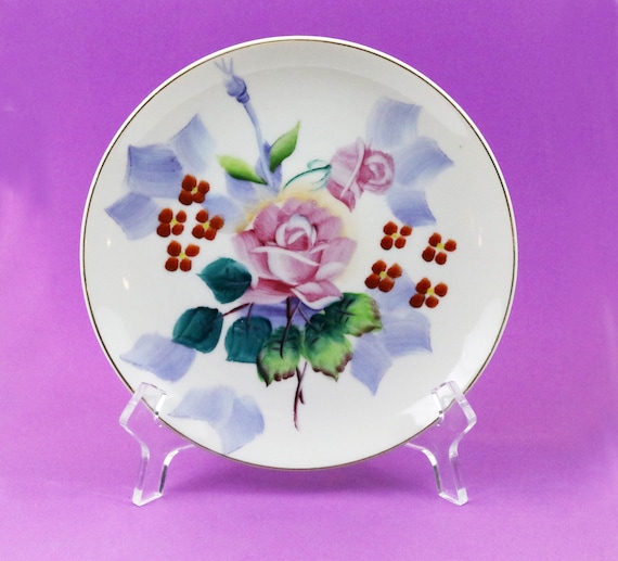 Pink Roses Decorative Plate Hand Painted Roses 1950's Vintage