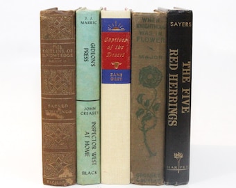 5 Antique Vintage Books Green Brown Beige Black Staging Junk Journaling Decor