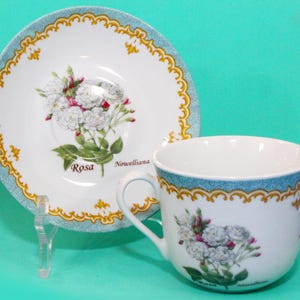 Op de afbeelding: Een witte theekop en schotelset met een blauw en gouden bloemenontwerp. De schotel heeft een witte bloem met groene bladeren en de tekst "Rosa Noueiliana". De theekop heeft een vergelijkbaar ontwerp met een witte bloem en groene bladeren.