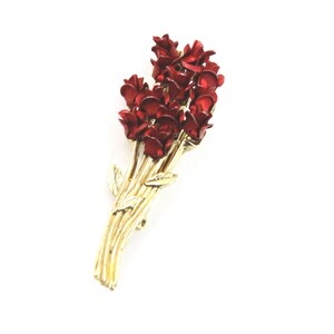 Spilla da bavero Danbury Mint Vintage Goldtone con bouquet di rose rosse, 2 pollici, in metallo, marcata DM 97