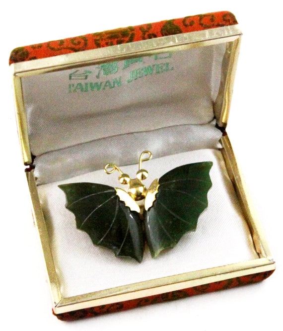 Taiwan Jewel Vintage Goldtone Green Jade Butterfl… - image 2
