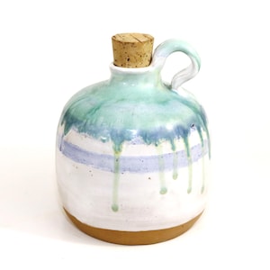 Handcrafted Art Pottery Heavy Jug Cork Lid Signed L R White Blue Turquoise