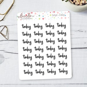 May include: A sheet of stickers with the word "today" written in cursive script. The stickers are on a white background with a colourful confetti pattern.