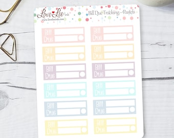 May include: A sheet of pastel-colored bill due tracking stickers. Each sticker has a space to write the bill due date and a check box.
