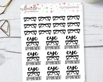 May include: A sheet of stickers with black and white illustrations of eyeglasses and the text "eye appointment".
