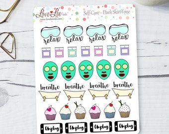 Dark Skin Tone Self-Care Planner Stickers - Hand Drawn Stickers - Cute Planner Stickers -  Sticker Sheets - Bullet Journal Stickers