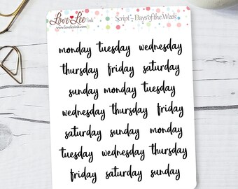 Script Planner Stickers - Days of the Week - Hand Drawn Stickers - Cute Planner Stickers -  Sticker Sheets - Bullet Journal Stickers
