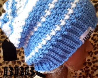 Unisex Slouch Beanie Hat in Blue and White