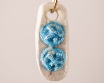 1 count 46mm white glazed blue textured carved engraved terra cotta ceramic bead seed pod shaped beads glazed ceramic destash