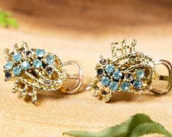 Vintage gold toned rope basket weave earrings with cyan sky blue rhinestones stud earrings 23mm large | great gifts for birthdays