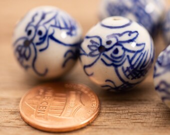 Vintage Chinese-Style Blue & White Porcelain Beads Blue Dragon Motif Hatpins Chinese Handpainted Chinese Dragon Blue and White Porcelain  main image 3