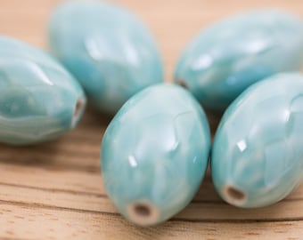 5 count 27mm high quality teal blue taupe glossy porcelain ceramic beads oval shaped faceted glazed ceramic beads bead clay round