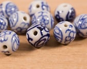 10 count 10mm vintage Chinese white and blue porcelain rounds with flower and symbol pattern motif round circular beads bead destash lot