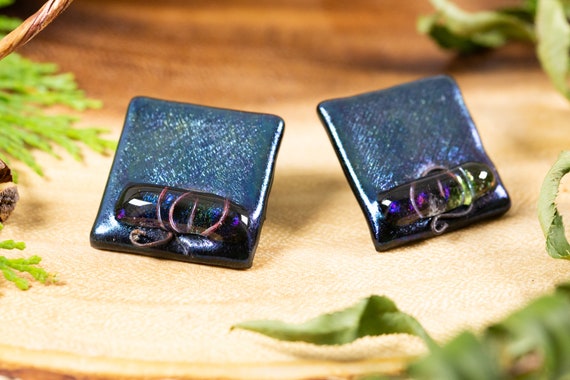 Vintage artful fused glass blue black dichroic st… - image 2