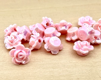 24 count 12mm light baby pink iridescent aurora borealis opaque vintage plastic rose flower daisy shaped beads bead destash lot