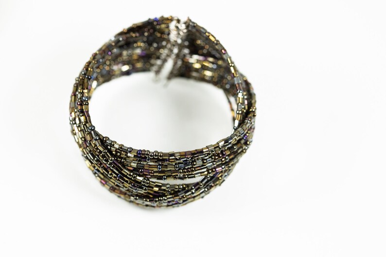 Vintage wire wrapped beaded black brown purple aurora borealis cuff bracelet bangle woven spiraled lines