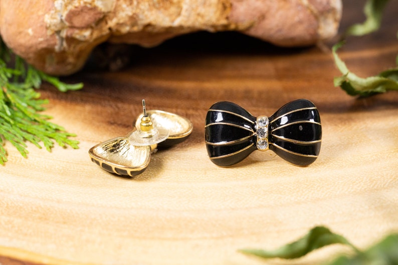 Vintage 1980s Gold and black twisting enamel big black bow earrings with rhinestones 32mm large great gifts for birthdays valentines