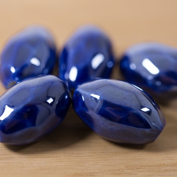 5 count 27mm high quality deep navy royal blue porcelain ceramic beads oval shaped faceted glazed ceramic beads bead destash lot clay round